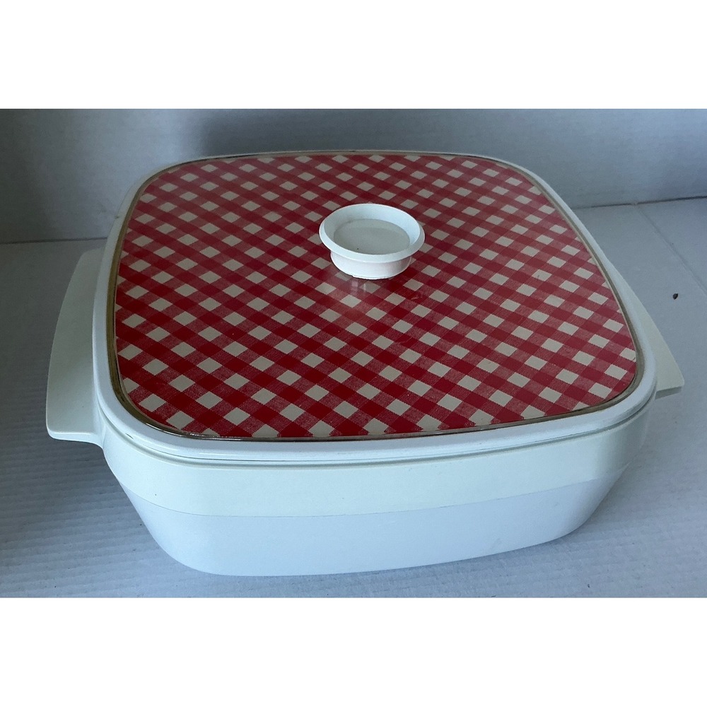 Vintage Insulated Serving Dish Red Gingham Check Lid Retro Picnic 11in